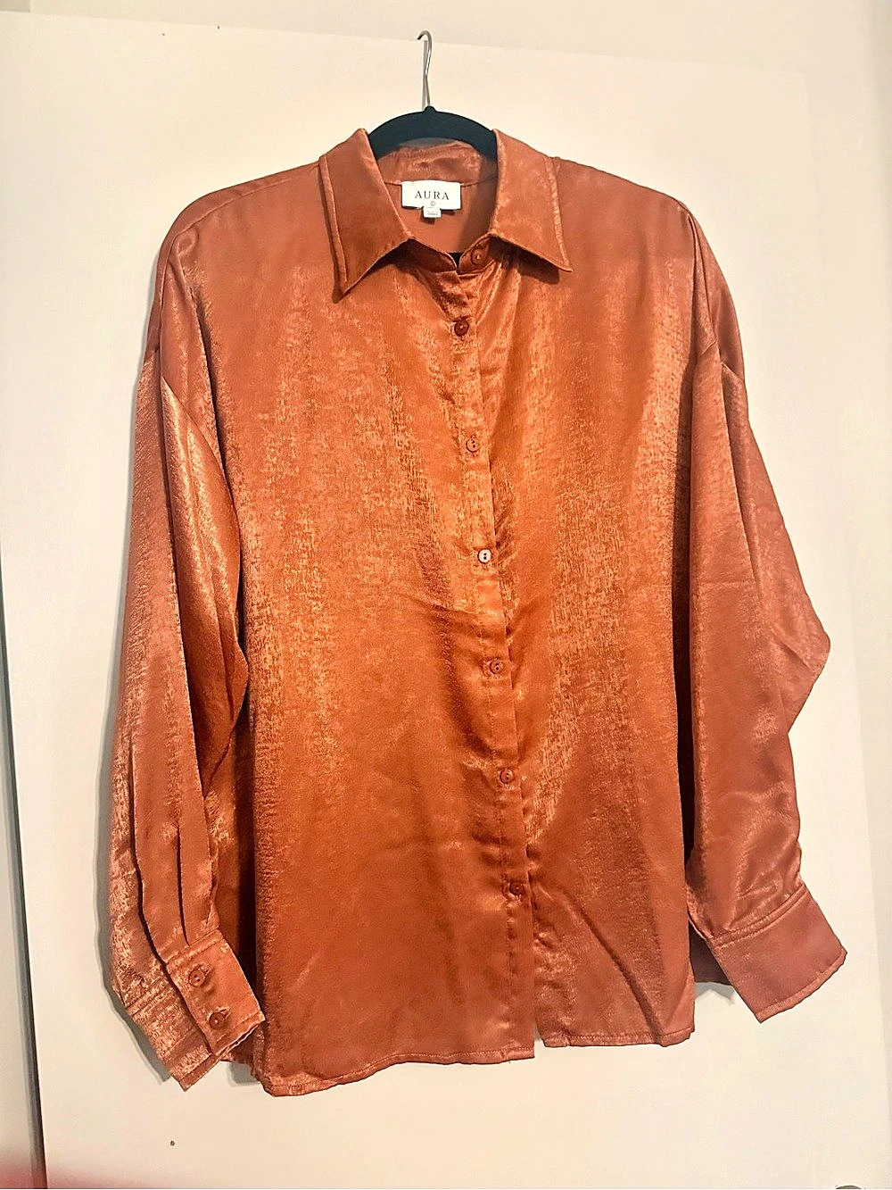 Aura Satin Button Down Shirt in Copper NWT